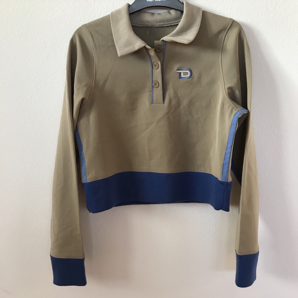 tan and blue long sleeve polo